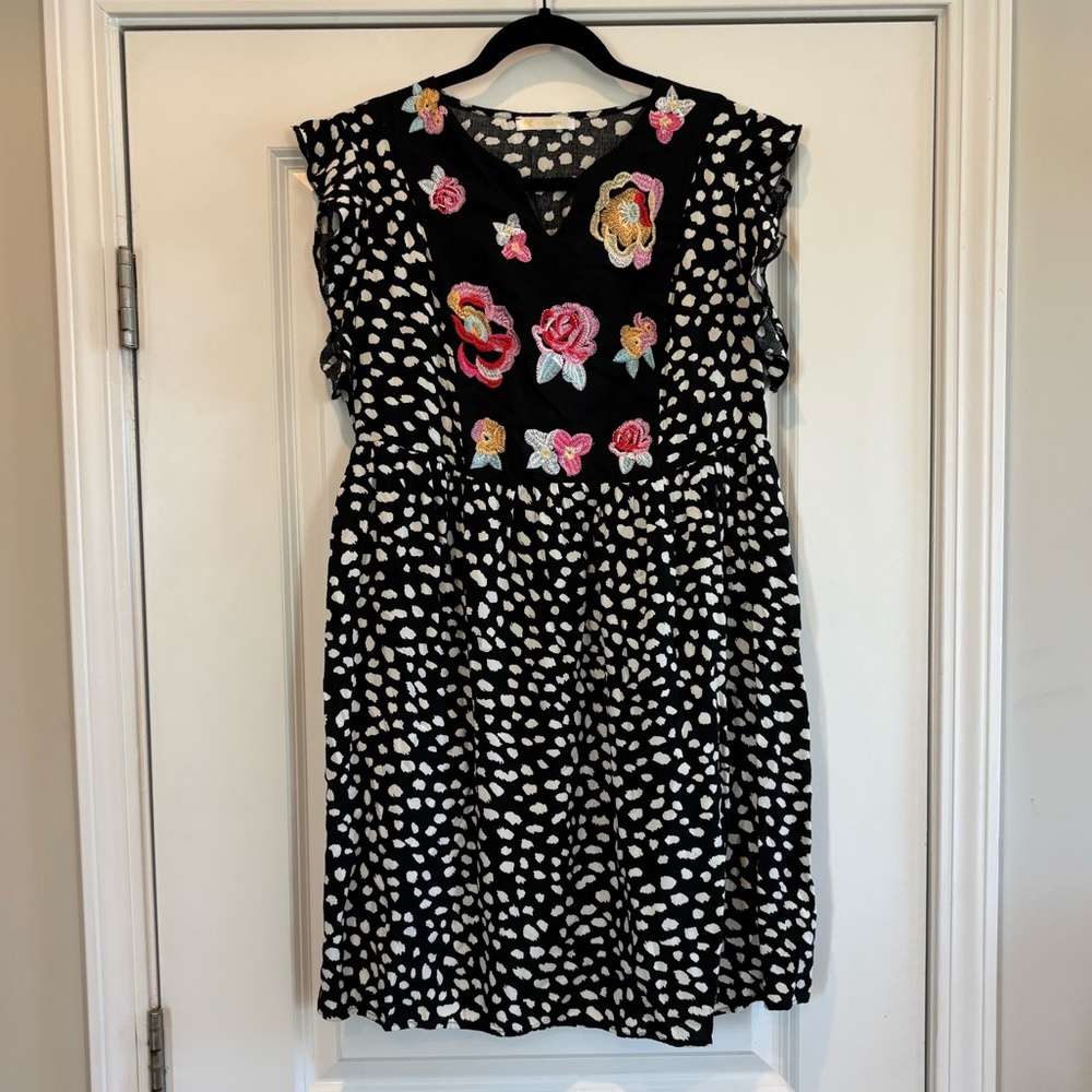Floral Embroidered Black and White Mini Dress